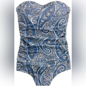J. Crew ruched bandeau swimsuit, blue paisley